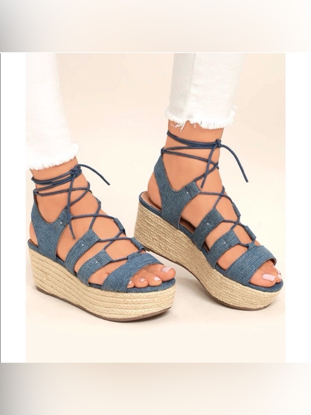 Steve Madden Brayla Espadrilles Blue Sandals Denim Platform Wedges Leather 9.5M